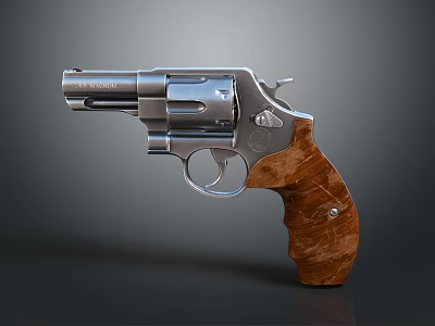 Detailed Close Up Of Revolver With Silver Metal Body And Wooden Grip Design 3d model