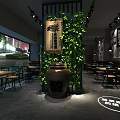 Warm Restaurant Interior With Wooden Tables Green Vines Hanging Lamps And Clay Jar