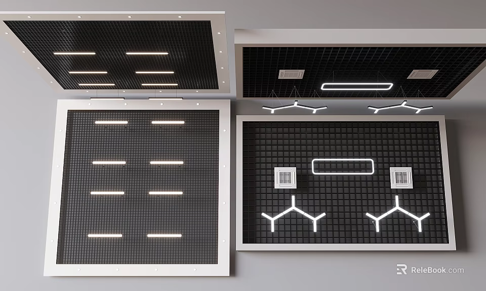 Modern Ceiling Design With Grid Panels Recessed Lighting And Modular Layout 3d model