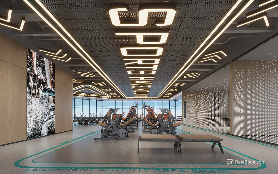 Spacious Modern Fitness Gym With Workout Equipment And Bright Ceiling Lighting 3d model 