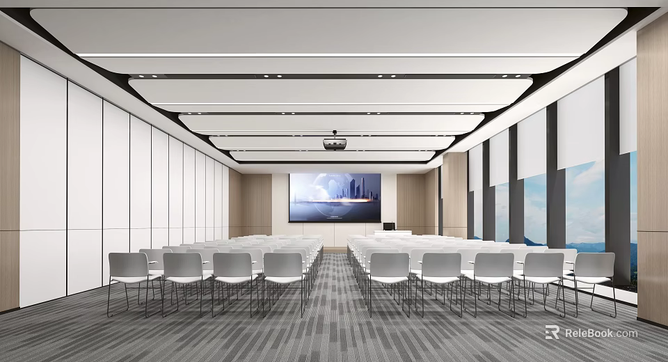 Modern Conference Room Interior With Rows of Chairs And Large Projector Screen 3d model 