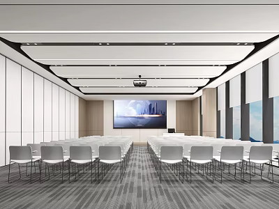Modern Conference Room Interior With Rows of Chairs And Large Projector Screen 3d model