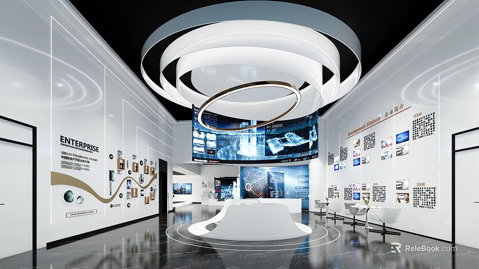 Modern Exhibition Hall With Circular Chandelier Large Screen Displays And White Platform 3d model 