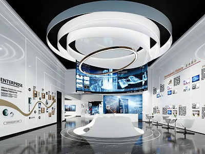 Modern Exhibition Hall With Circular Chandelier Large Screen Displays And White Platform 3d model