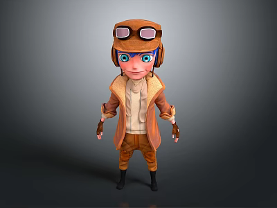 3D Animated Game Character Wearing Brown Aviator Hat Goggles Blue Eyes And Brown Outfit 3d model