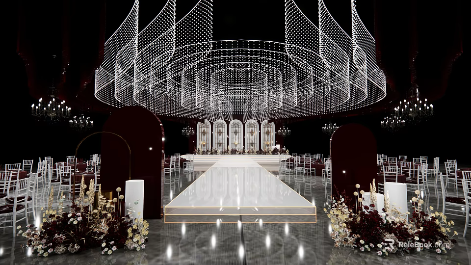 Luxurious Banquet Hall With Elegant Ceiling Decor Central Runway And Floral Arrangements 3d model 