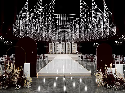 Luxurious Banquet Hall With Elegant Ceiling Decor Central Runway And Floral Arrangements 3d model