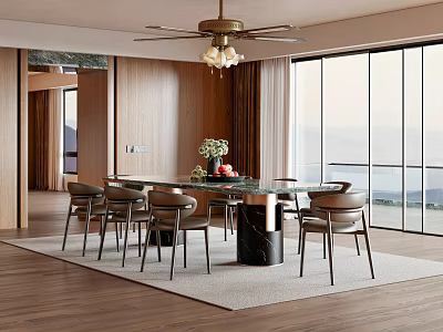 Modern Dining Room Interior With Round Glass Table Leather Chairs Chandelier And Large Windows 3d model