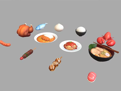 Assorted Delicious Food Selection With Roast Chicken Fish Sausage Ramen Shrimp Crab Apples And Sushi 3d model