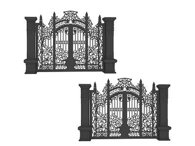 Ornate Wrought Iron Gates With Intricate Scrollwork And Decorative Pillars 3d model
