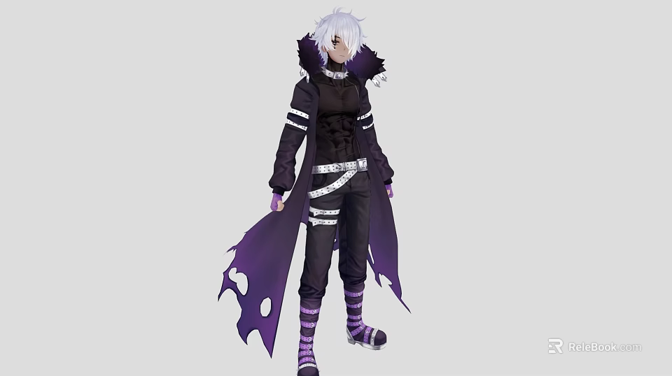 Man With Silver Hair Wearing Black Coat Purple Cape Black Pants And Purple Striped Socks 3d model 