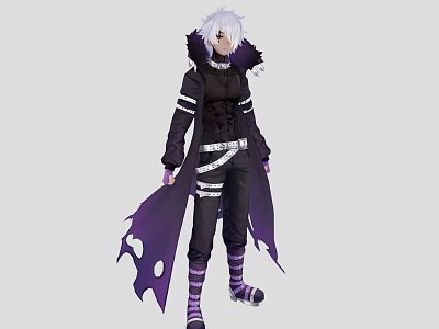 Man With Silver Hair Wearing Black Coat Purple Cape Black Pants And Purple Striped Socks 3d model