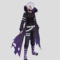 Man With Silver Hair Wearing Black Coat Purple Cape Black Pants And Purple Striped Socks