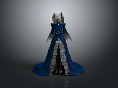 Woman In Blue Gown With Layered White Skirt Gold Belt And Winged Headpiece 3d model