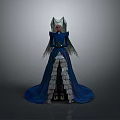 Woman In Blue Gown With Layered White Skirt Gold Belt And Winged Headpiece