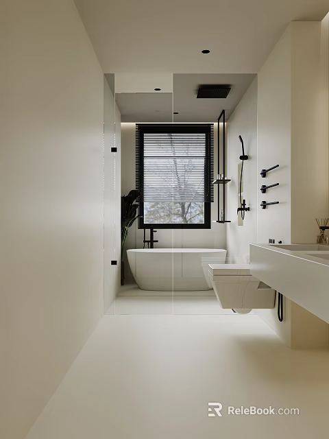 Modern Bathroom Interior With Freestanding Bathtub Wall Mounted Toilet Vanity Window Blinds And Plants 3d model 