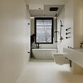 Modern Bathroom Interior With Freestanding Bathtub Wall Mounted Toilet Vanity Window Blinds And Plants