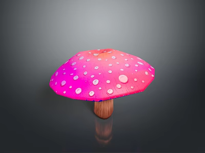 Vibrant Pink Mushroom with White Spots and Wooden Stem on Dark Shiny Background 3d model