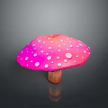Vibrant Pink Mushroom with White Spots and Wooden Stem on Dark Shiny Background