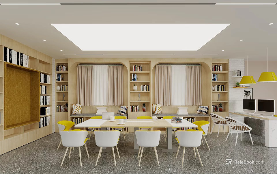 Book Focused Reading Room Interior With Shelves Windows And Chairs 3d model