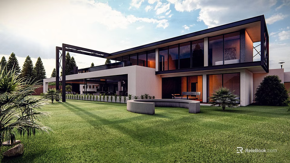 Modern Detached Villa With Large Glass Windows And Green Lawn Outdoor Area 3d model 