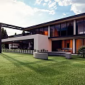 Modern Detached Villa With Large Glass Windows And Green Lawn Outdoor Area