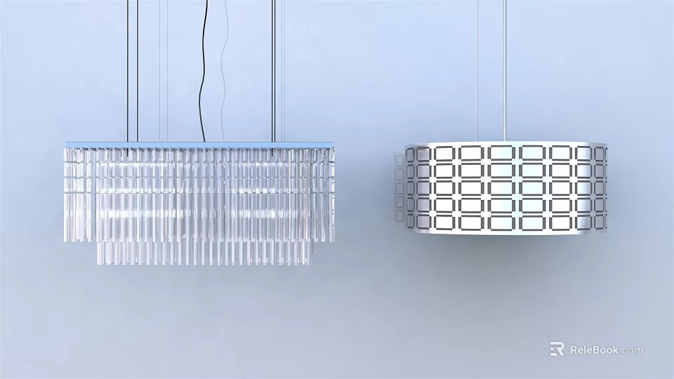 Two Modern Chandeliers Featuring Geometric Grids And Striped Structures For Interior Ceiling 3d model 