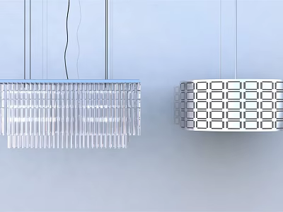Two Modern Chandeliers Featuring Geometric Grids And Striped Structures For Interior Ceiling 3d model