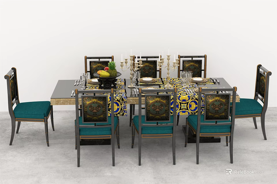 Traditional Dining Table Set With Green Upholstered Chairs And Patterned Tablecloth 3d model