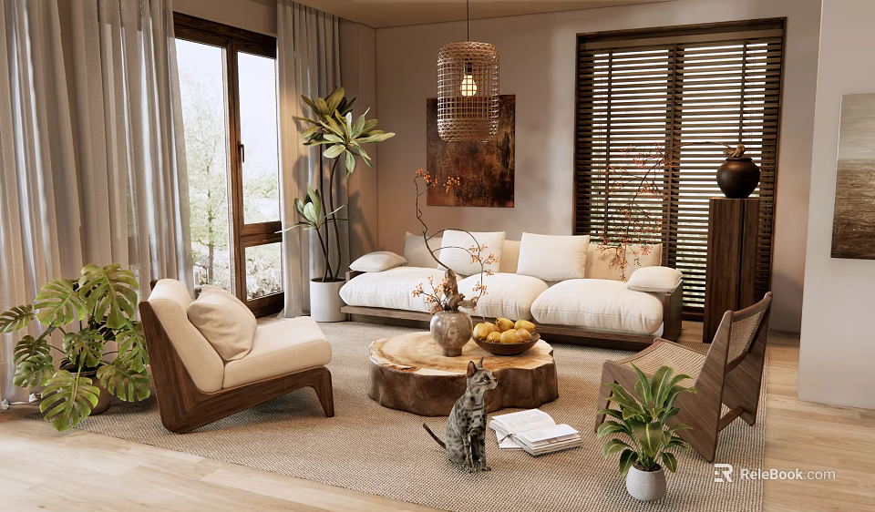 Cozy Natural Living Room With Beige Sofa Wooden Armchairs Green Plants And Rattan Pendant Light 3d model 