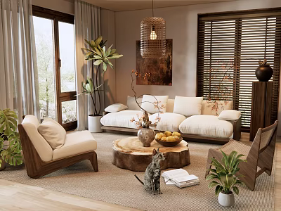 Cozy Natural Living Room With Beige Sofa Wooden Armchairs Green Plants And Rattan Pendant Light 3d model