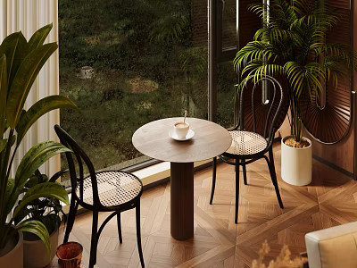 Modern Accent Chair With Rattan Seat By Window And Wooden Table With Green Plants 3d model
