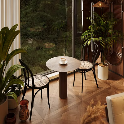 Modern Accent Chair With Rattan Seat By Window And Wooden Table With Green Plants 3d model