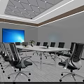 Modern Conference Room Interior With Large Table White Chairs Blue Screen And Ceiling Design 3d model