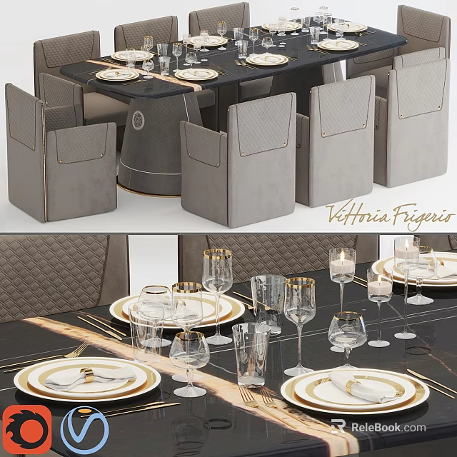 Elegant Modern Dining Table And Chairs Set With Upholstered Seats And Decorative Tableware 3d model 