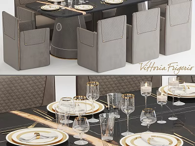 Elegant Modern Dining Table And Chairs Set With Upholstered Seats And Decorative Tableware 3d model