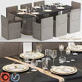 Elegant Modern Dining Table And Chairs Set With Upholstered Seats And Decorative Tableware