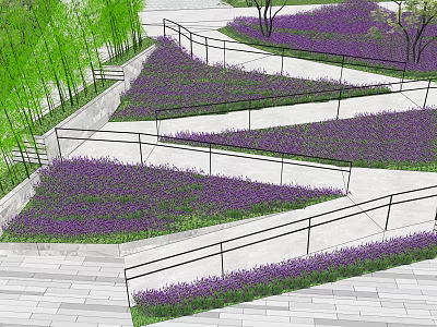 Black Metal Fence Surrounding Purple Flower Fields With Stone Pathways And Trees 3d model