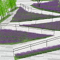Black Metal Fence Surrounding Purple Flower Fields With Stone Pathways And Trees