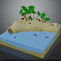 3D Tropical Island Scene With Sandy Beach Green Trees Blue Water And Dolphins