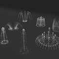 Different Shaped Fountains With White Line Structures And 3D Model Designs On Dark Background 3d model