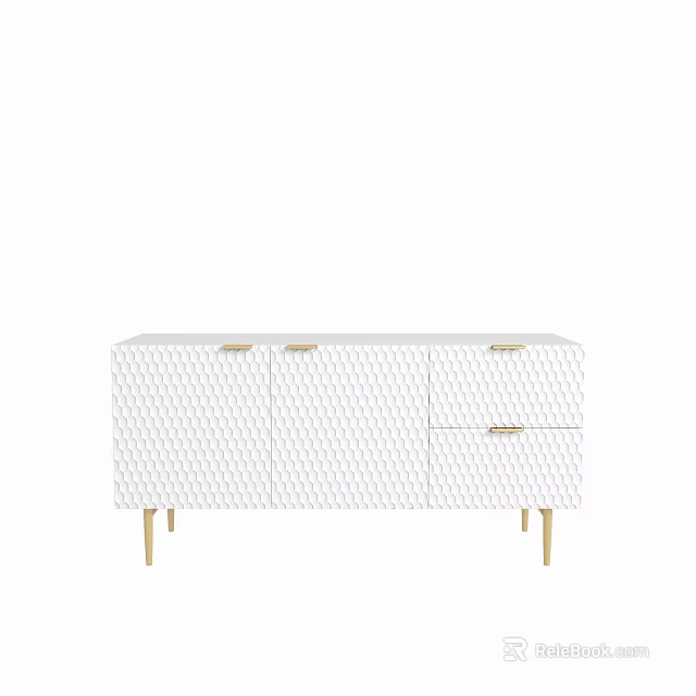 Modern White Sideboard Featuring Geometric Pattern And Gold Metal Legs With Storage Cabinets And Drawers 3d model 
