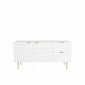 Modern White Sideboard Featuring Geometric Pattern And Gold Metal Legs With Storage Cabinets And Drawers