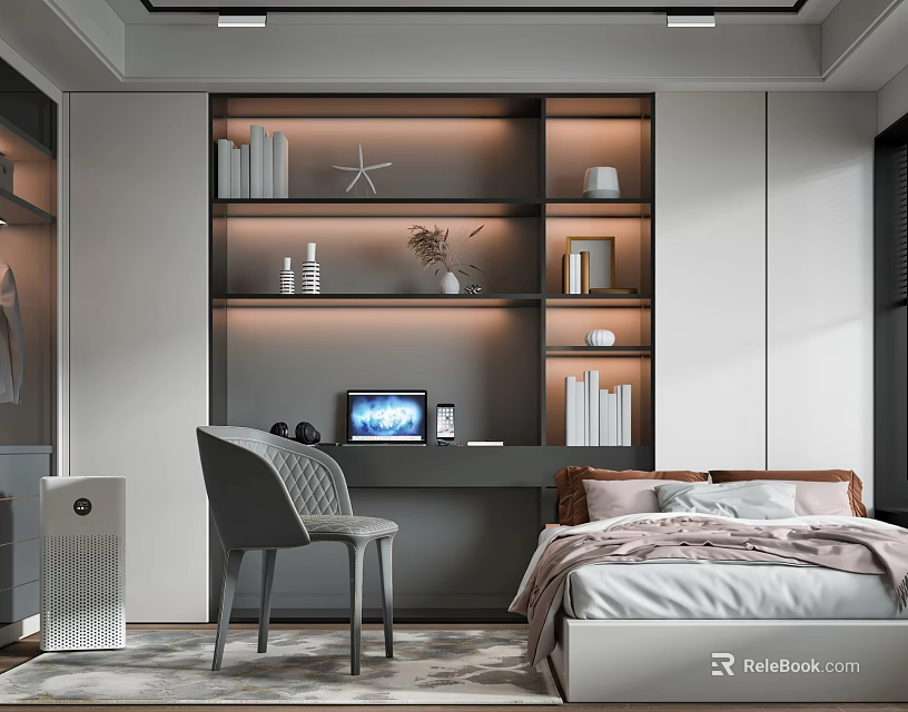 Modern Tatami Bedroom Interior With Desk Chair LED Shelves And Laptop 3d model 