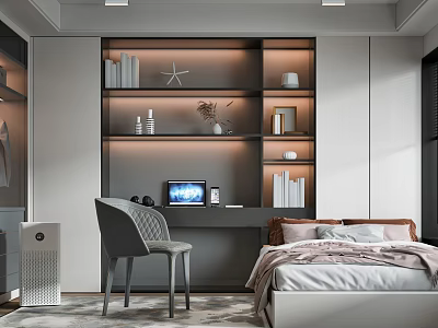 Modern Tatami Bedroom Interior With Desk Chair LED Shelves And Laptop 3d model