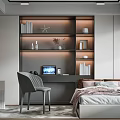 Modern Tatami Bedroom Interior With Desk Chair LED Shelves And Laptop