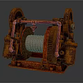 Old Rusty Winch With Two Wheels And Coiled Steel Rope Mechanical Structure 3d model