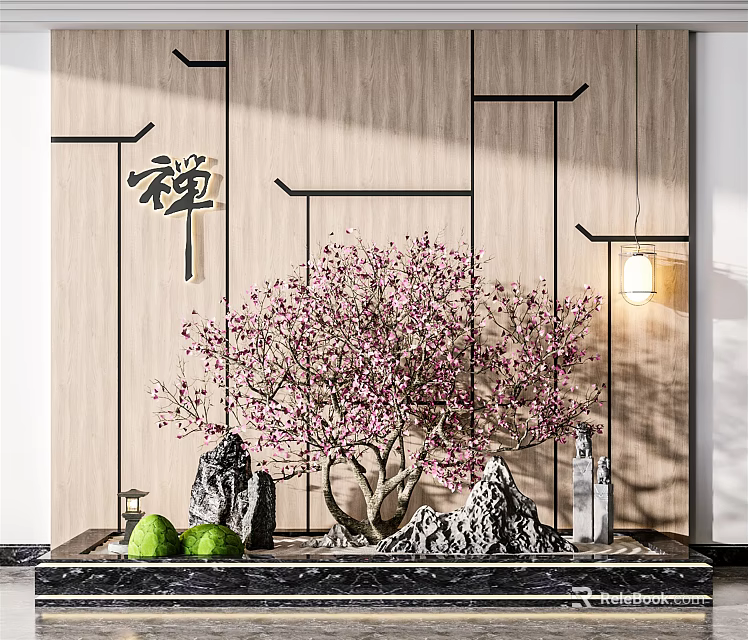 Zen Style Garden Ornament With Pink Plum Blossoms Stones Black Line Decorations And Wooden Wall 3d model 