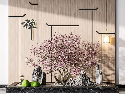Zen Style Garden Ornament With Pink Plum Blossoms Stones Black Line Decorations And Wooden Wall 3d model