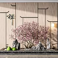 Zen Style Garden Ornament With Pink Plum Blossoms Stones Black Line Decorations And Wooden Wall